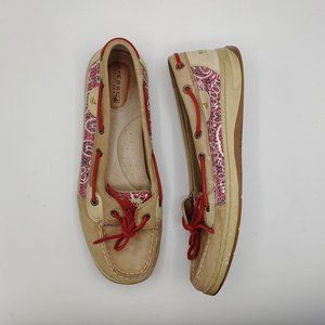Sperry womens 9M Top-Sider Boat Shoe Angelfish Tan Red Clear Sequins 9102476